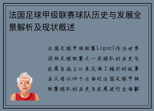 法国足球甲级联赛球队历史与发展全景解析及现状概述