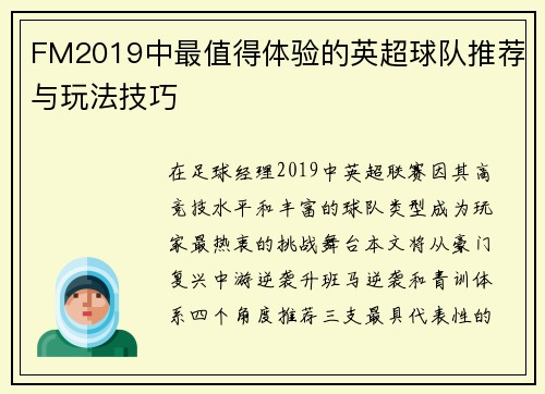 FM2019中最值得体验的英超球队推荐与玩法技巧