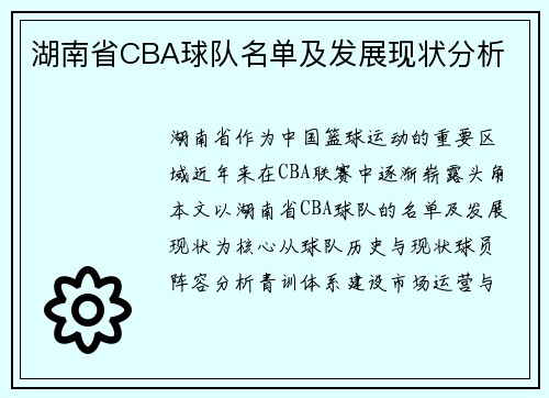 湖南省CBA球队名单及发展现状分析